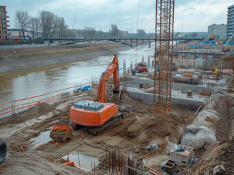 Tiefbaubaustelle an einem Fluss